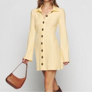 NWT Reformation Benton Buttercream Yellow Button Down Rib Knit Dress Small